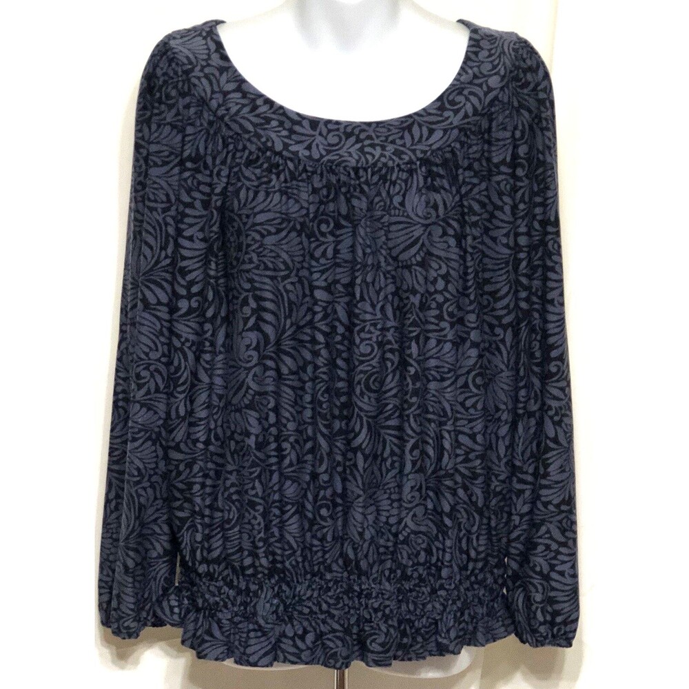 Daisy Fuentes Flowy Peplum Top M Blue Blk Geo Balloon Sleeve Y2K 90s boho hippie